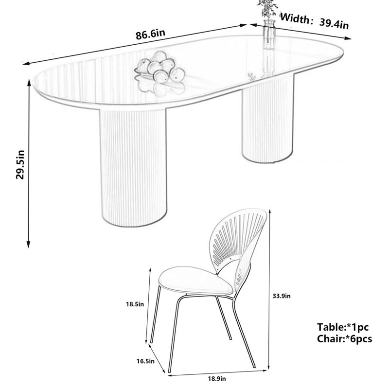 Table de salle à manger en pierre matte avec pieds colonne romaine, H 29,5 po x L 86,6 po x l 39,4 po