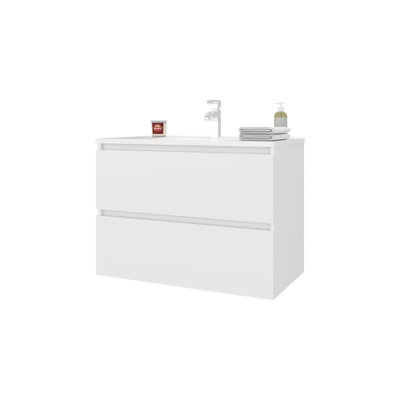 Meuble-lavabo flottant mural blanc avec deux tiroirs spacieux et un lavabo de 17,7 po de largeur, 31,5 po de profondeur, qui reflète un look moderne plus lumineux