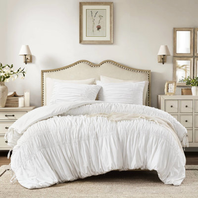 Très grand lit, édredon 3 pièces, style champêtre, détails, attaches, microfibre prélavée, rembourrage léger, tout confort, style champêtre pour une chambre de rêve, romantique et taies décoratives