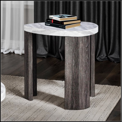 Contemporary Style Triangle 3pc Table Set with Marble Pattern, Space-Saving Design for Primary Living Room