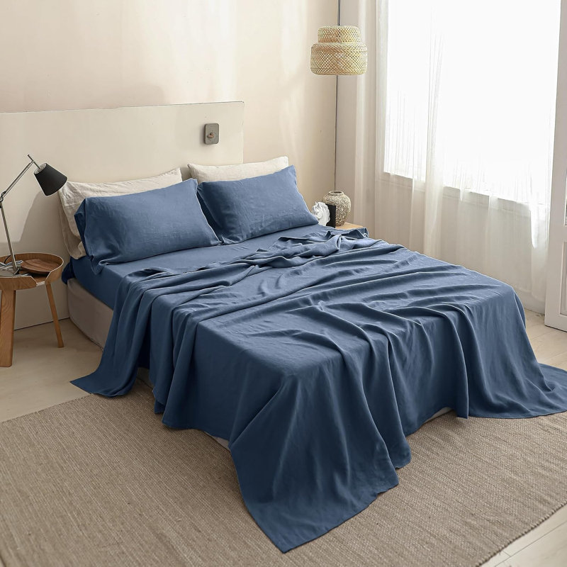 Simple&Opulence 100% Linen Sheet Set, Full Sheet Set with 2 Pillowcases, Basic Classic Blue