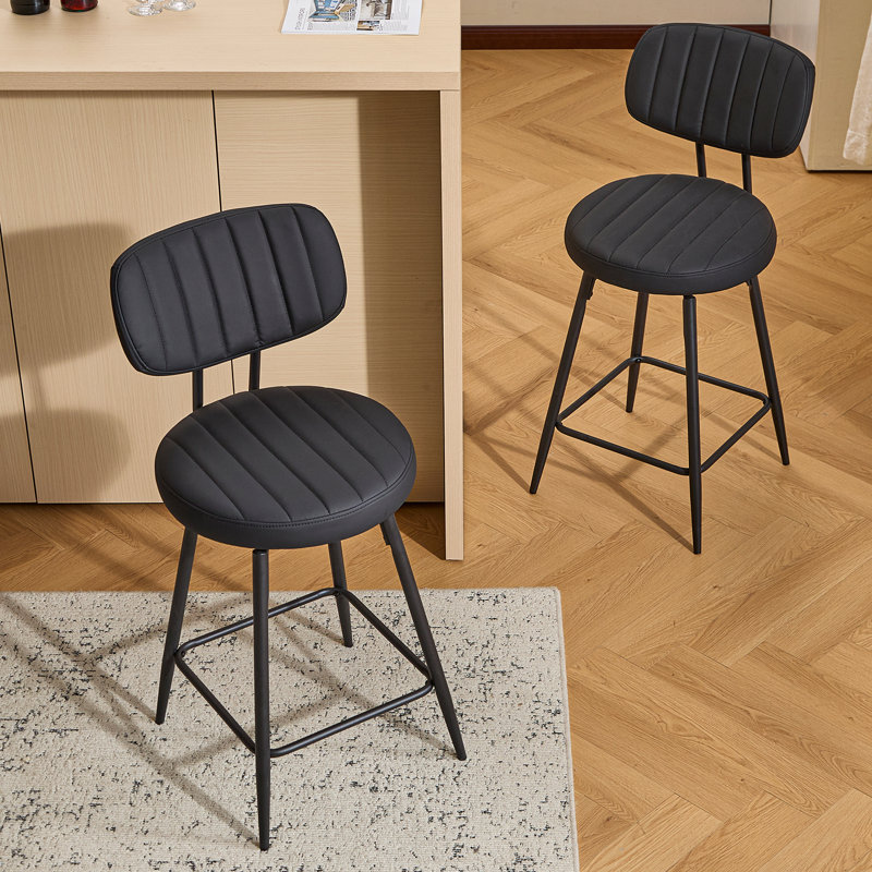 26" Modern Upholstered Swivel and Adjustable Height Bar Stool with Footrest (Set of 2), Black