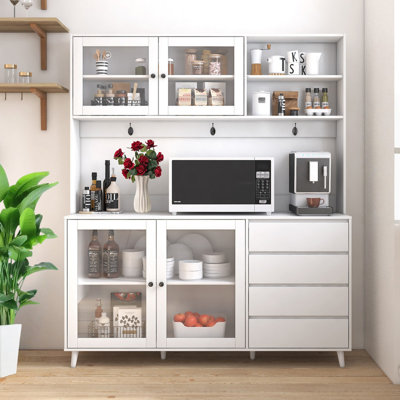 63" W Large Kitchen Hutch Cabinet, Freestanding Pantry Cabinets Storage Kitchen Cupboard with 4 Doors, 4 Drawers & Microwave Shelf, 