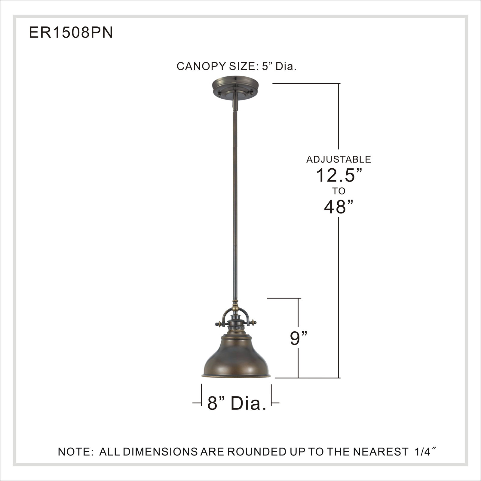 Single Light Metal Dimmable Pendant, Palladian Bronze, 9" H x 8" W x 8" D