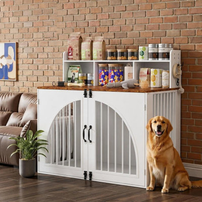 Cage pour chien de 119 cm (47 pouces) avec tablette de rangement ouverte et deux crochets latéraux, structure robuste en fer et bois, table d'appoint pour grands chiens