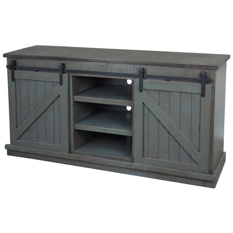 Meuble télé en bois massif pour téléviseur de 78 po ou moins Dairine, Bleu foncé