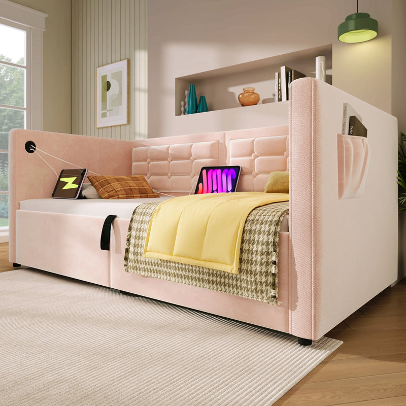 Upholstered Christenson Size Daybed, Hydraulic Storage Christenson Bed Frame With Usb & Type-C Charging, Bed Frame With Wooden Slats And Tufted Sofa Back