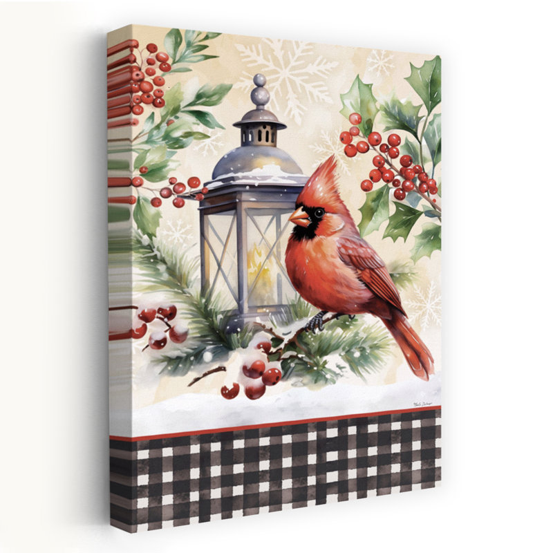 Art contemporain d'hiver de Noël avec cardinal et lampadaire de Noël, H 24 po x l 16 po