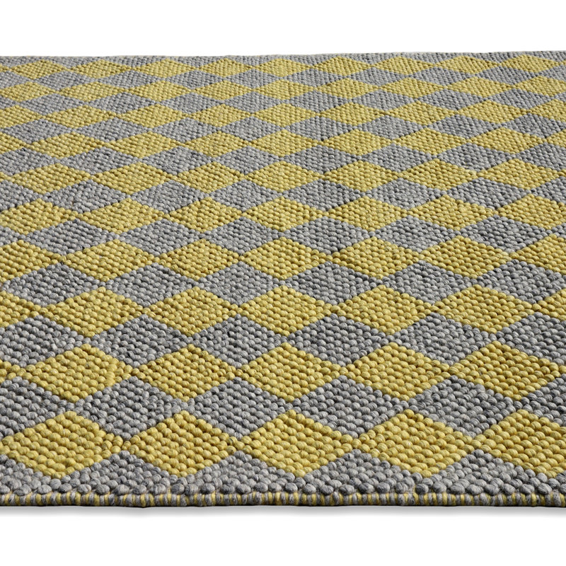 Bubble Argyle Loop Pile Weave Yellow & Grey Wool Area Rug By Tufty Home, Rectangle 2' x 3'