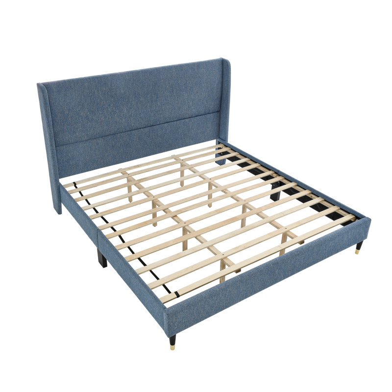 Rozitta Upholstered Wingback Bed, King, Blue Polyester