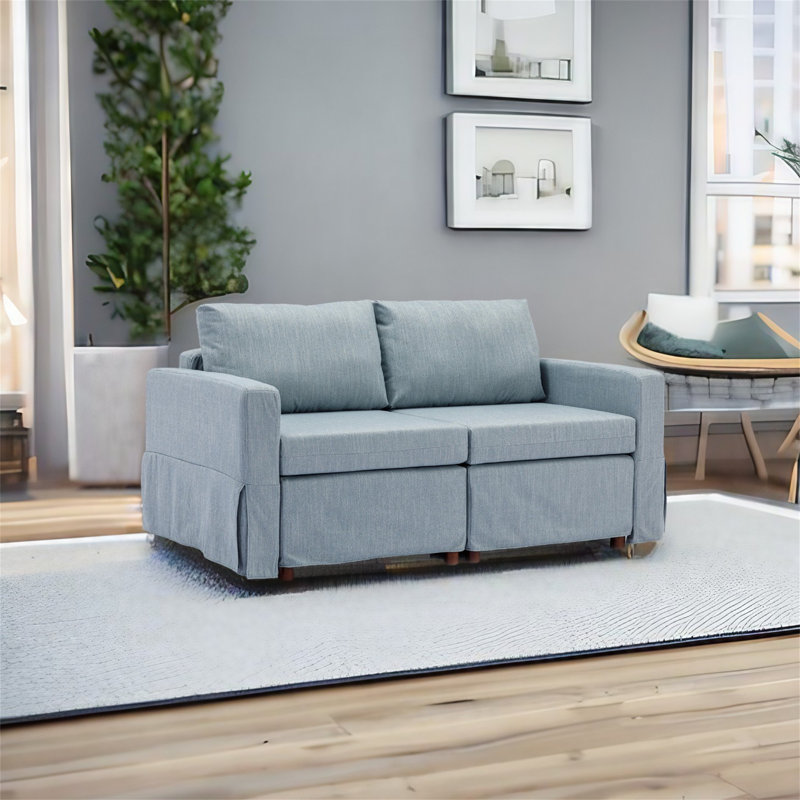 Canapé modulaire 3 pièces Demichael, 100 % lin bleu clair