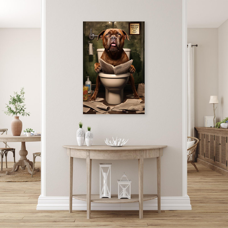 Chien assis sur une toilette sur toile, H 20 po x l 16 po x P 1,25 po