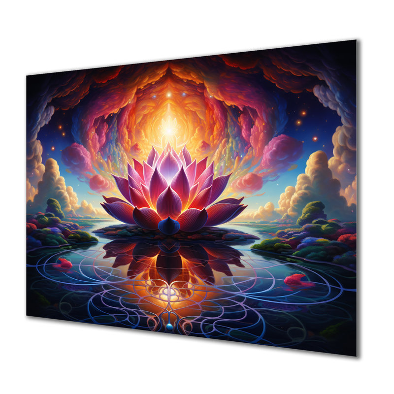 «Majestic Pink Lotus Glorious Magical Sunset» - art mural Lotus, Métal métal, H 12 po x l 20 po x P 1 po
