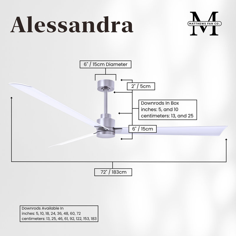 Alessandra Outdoor Downrod Ceiling Fan, Brushed Nickel, Matte White