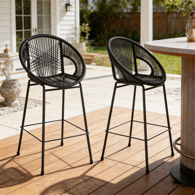 Outdoor Patio Black Faux Wicker Barstool Set, Black