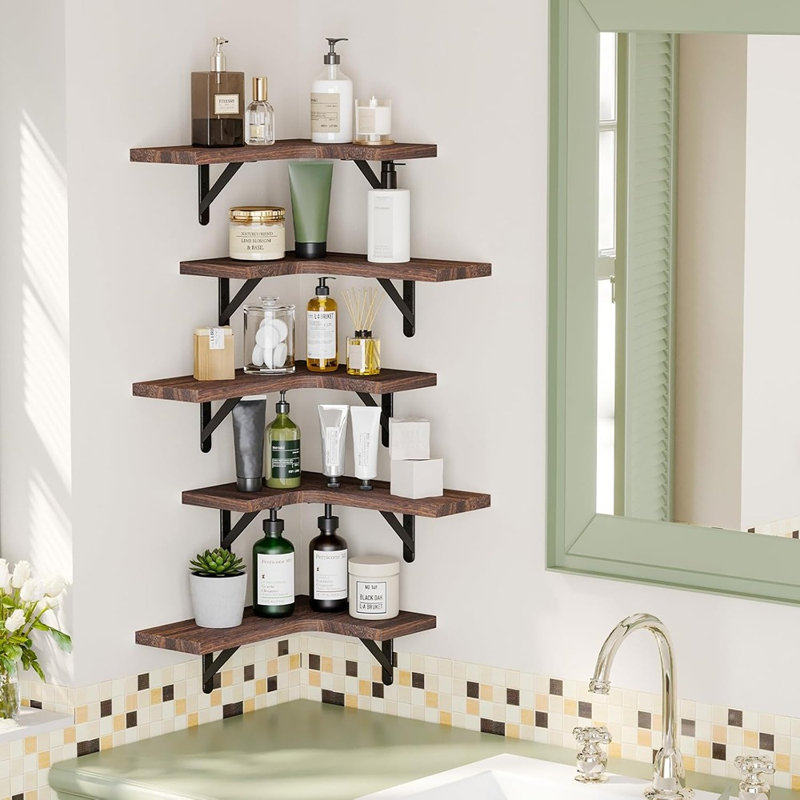 5-Pack Walnut Corner Wall Shelves – Solid Wood Floating Shelves with Metal Brackets