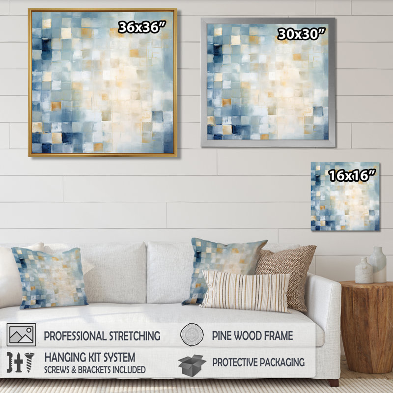 Carrés bleus cubistes apaisants - art mural abstrait, Toile avec cadre flottant noir, H 16 po x l 16 po x P 1 po