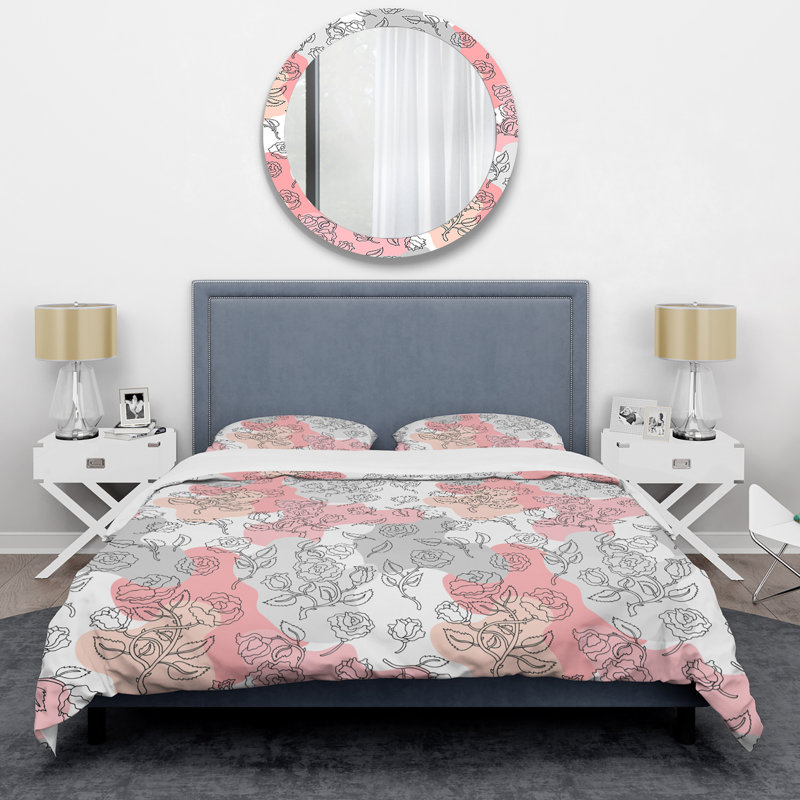Fleurs grises - Ensemble de housse de couette floral - Polyester microfibre, Housse de couette pour très grand lit et 2 très