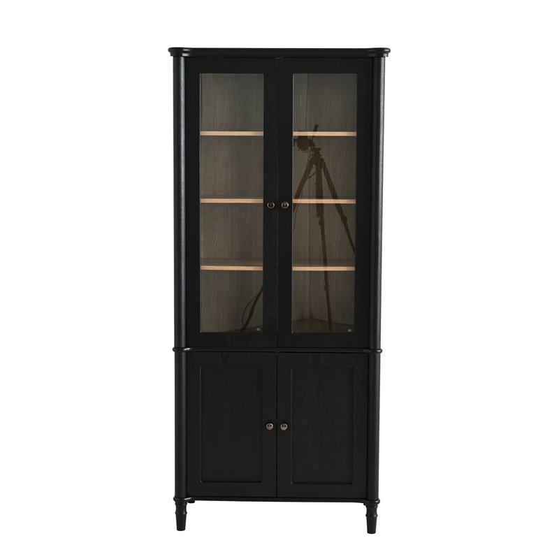 73.25''H Vintage Display Cabinet With Storage, Mid-Century Modern Pantry Cabinet With Glass Doors, Curio Cabinet For Hallways, Livingroom Kitchen & Office - Black