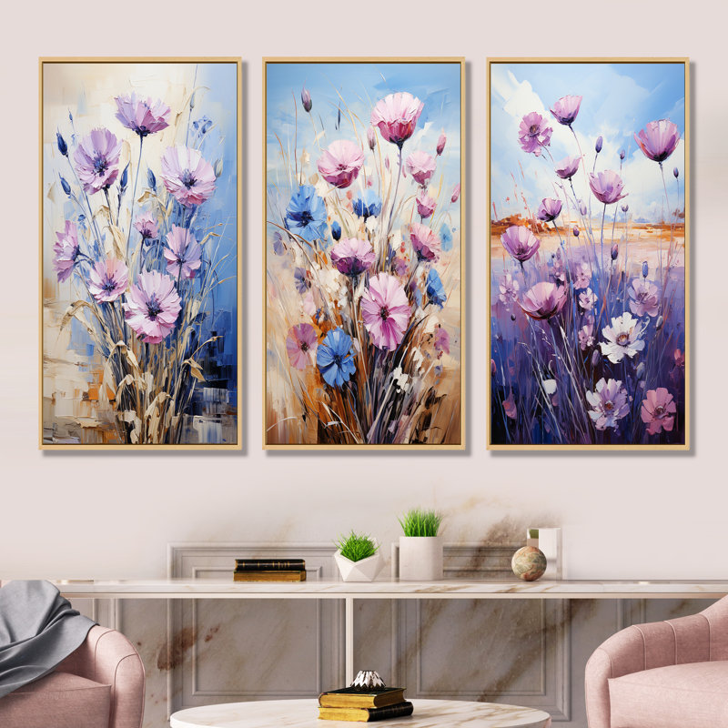 Bleu et mauve, champ de Fauvist - ensemble de 4 impressions sur toile, Cadre flottant brun, H 28 po x l 36 po