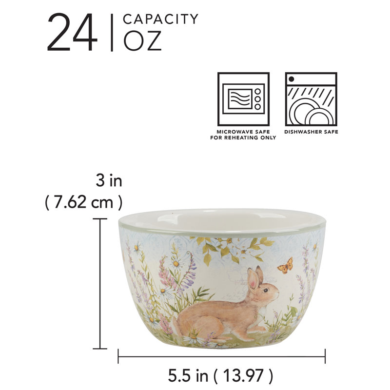 Ensemble de 4 bols à crème glacée Pâques Meadow - bols en céramique de 24 oz avec motifs fantaisistes de lapin, de fleurs sauvages et de papillons - Va au micro-ondes et au lave-vaisselle pour les repas du printemps et de tous les jours