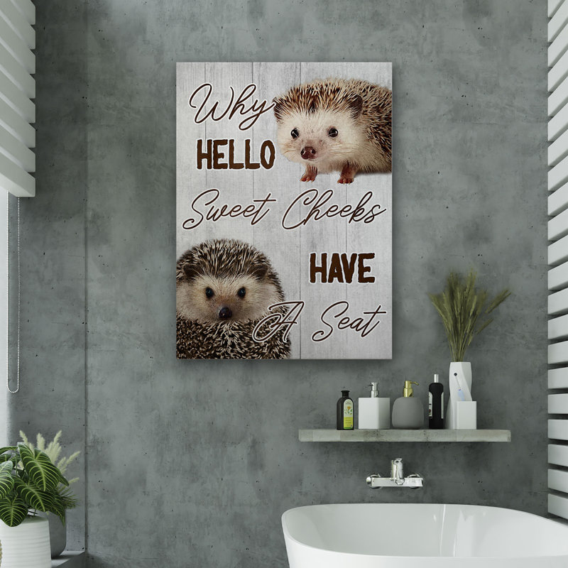 Hérisson - pourquoi bonjour les joues douces, toile tendue - décor d'illustrations animales de salle de bain et de lessive, décor de salle de bain gris et brun