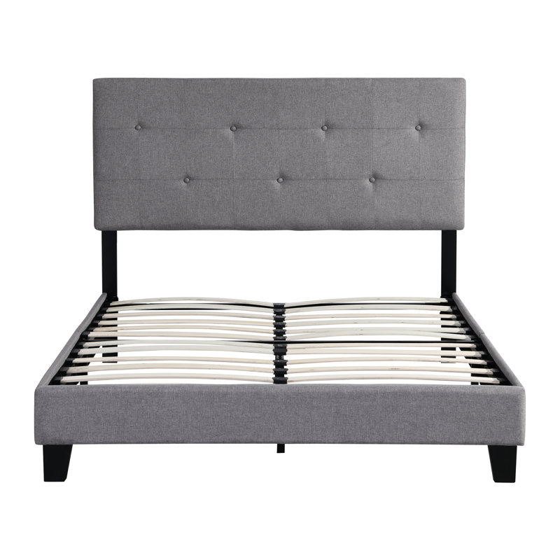 Full Size Upholstered Bed - Modern Grey Linen Headboard Button No Box Spring Wood Slat Support Simple Assembly Technique Frame With Upholstery Easy Grey Hue