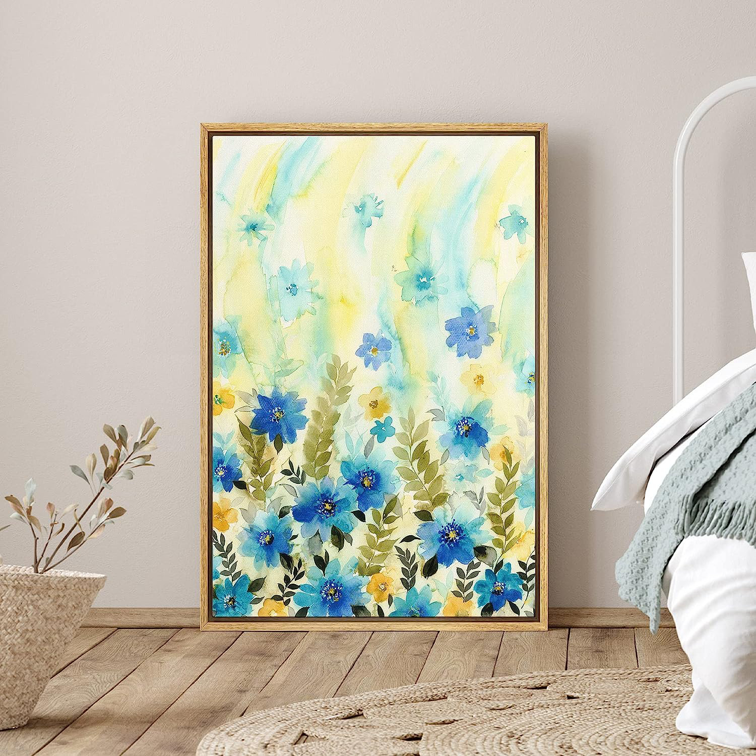 Multicolor Bright Flowers SIGNLEADER Framed Canvas Print Wall Art Vintage Watercolor Blue & Yellow Flowers Floral Wilderness Illustrations Modern Art