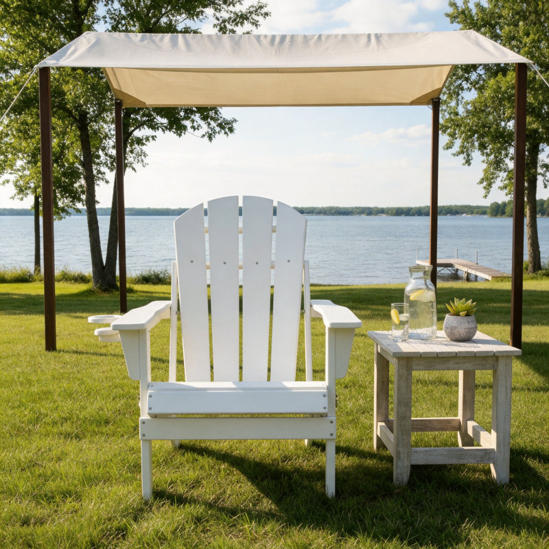 White, Folding Adirondack Chair, Wood Grain Composite Material, Equipped With Double Cup Holders, Outdoor Patio/Pool Lounge Chair.