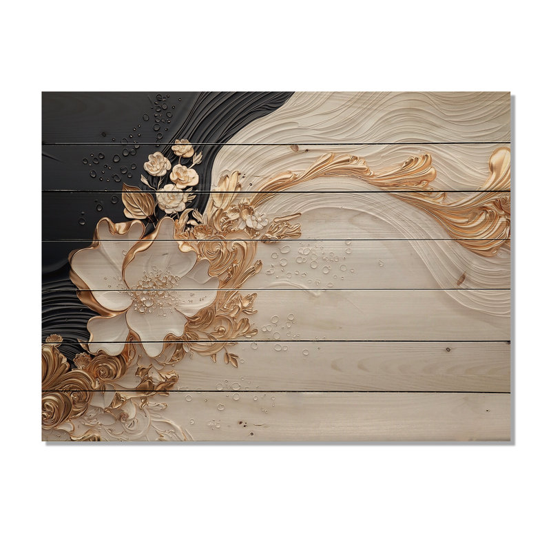 Fleur abstraite murmurant des vents II - impression traditionnelle sur bois doré sur bois de pin naturel, H 10 po x l 20 po