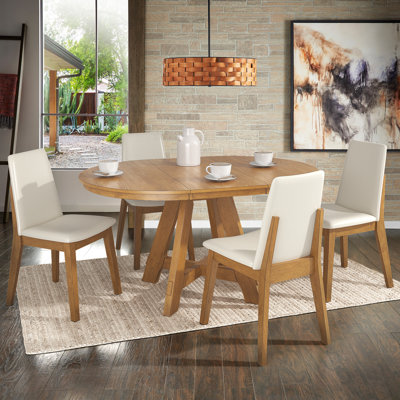 Brookins 42"-60" Extendable Round Dining Set With Vegan Leather Upholstered Chairs