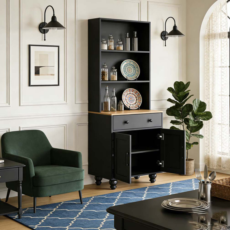 Armoire de cuisine moderne avec tablettes réglables, 4 pieds en bois massif en forme de gourde, Noir