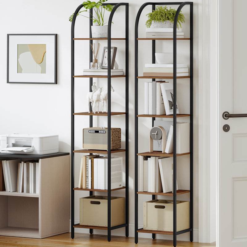 Bookshelf Narrow Bookcase, Tall Storage Rack with Steel Frame, Display Standing Shelf Unit, Skinny Book Shelf for Study Living Room Home Office, Industrial Style, 6-Tier Rustic Brown