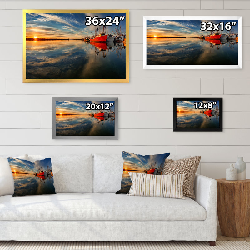 Coucher de soleil sur la rivière Sunset, Toile avec cadre noir, 16" H x 32" W x 1" D