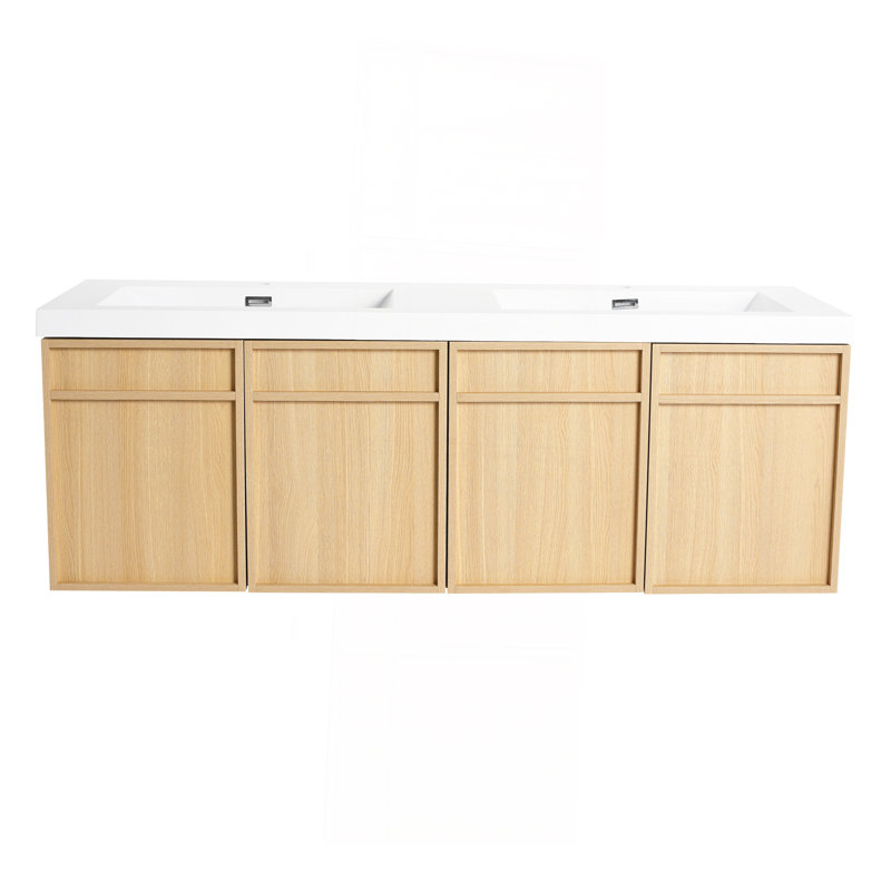 Meuble-lavabo mural 60 po avec double lavabo en résine, 4 portes à fermeture douce, chêne original, contreplaqué (KD-PACKING)