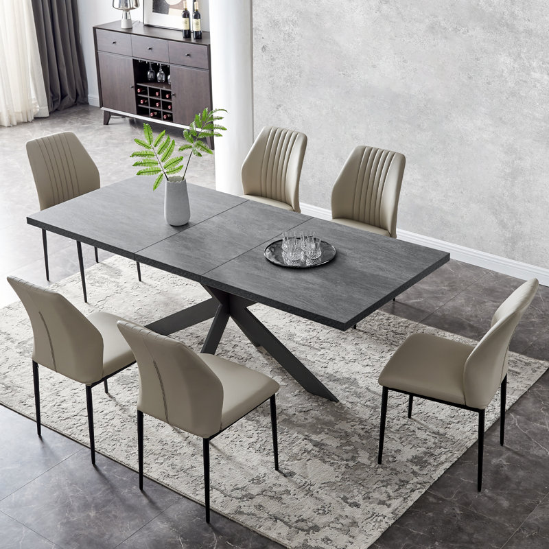 Mid-Century Extendable Kitchen Table for Dining Room with 6 Modern Chairs, Cream, Dark Grey