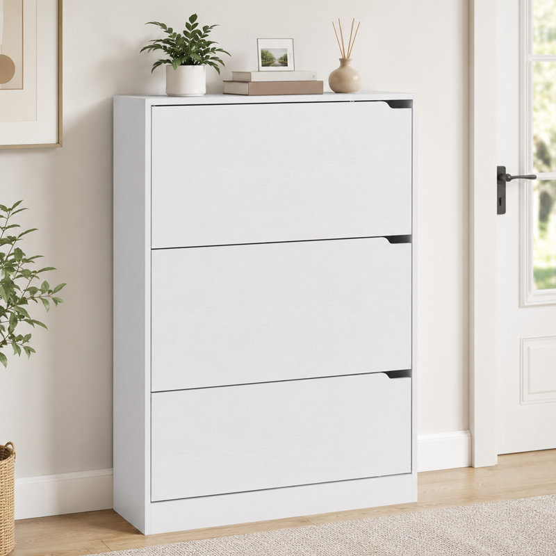 47.2'' White Shoe Storage Cabinet, 3 Flip Drawers