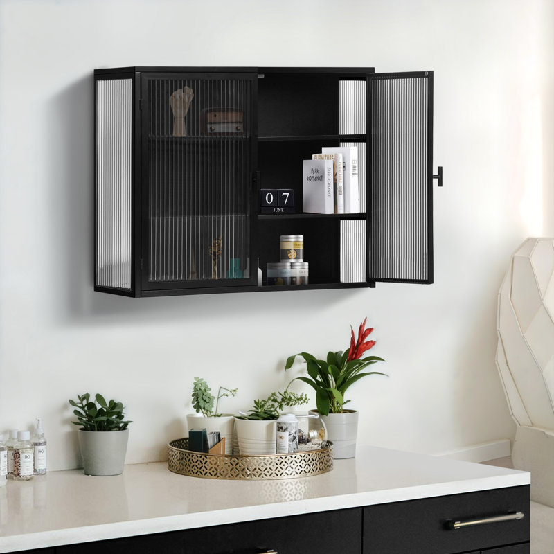 Rielley 27.56" Glass Doors Modern Two-Door Wall Cabinet With Featuring Three-Tier Storage, Dark Grey