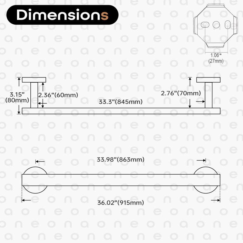 Barre à serviettes 36 po, Noir mat, H 2,16 po x l 36 po x P 2,75 po