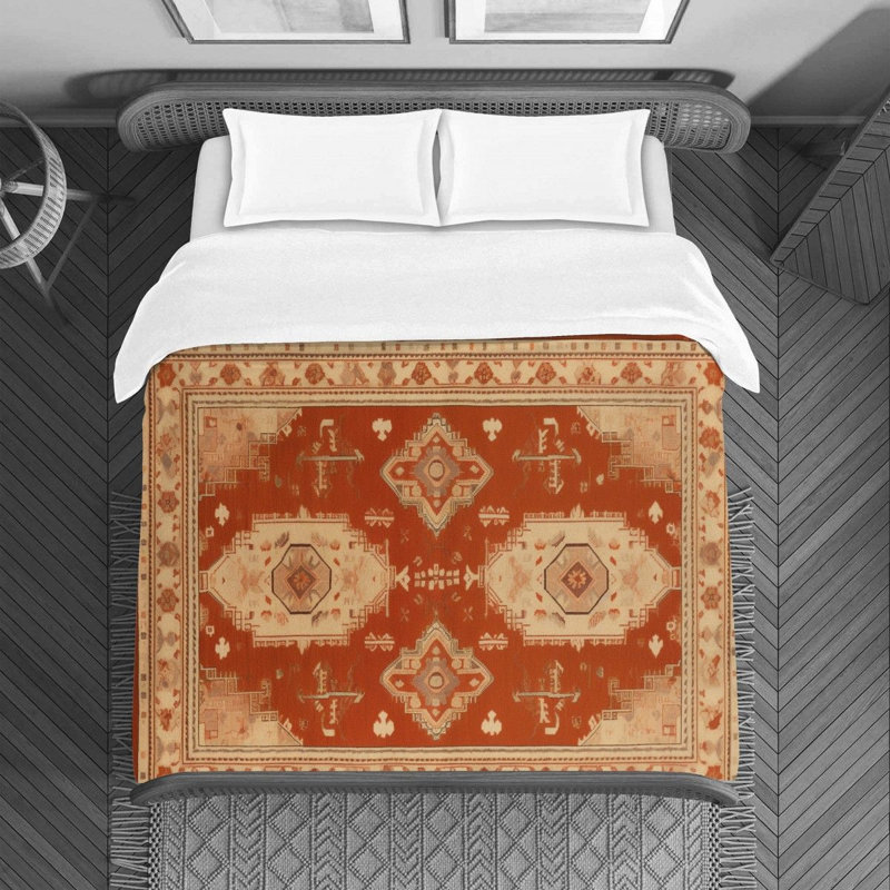Machine Printed Duvet Cover, Twin Duvet Cover, Orange/Beige Oushak