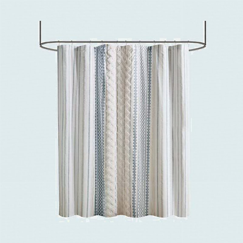 Cotton Printed Shower Curtain With Chenille, Blue