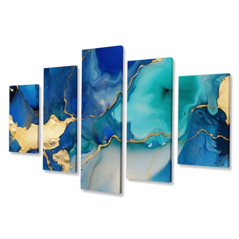 Bleu et or, art abstrait fluide de luxe, impression sur toile, fractales, 5 panneaux