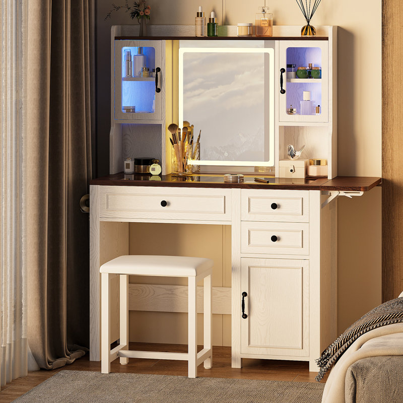 Ensemble de coiffeuse de maquillage de style campagne moderne avec miroir et lumières, luminosité réglable, bureau de coiffeuse avec verre trempé intégré, panneau pliant, prise de courant et tabouret de coiffeuse