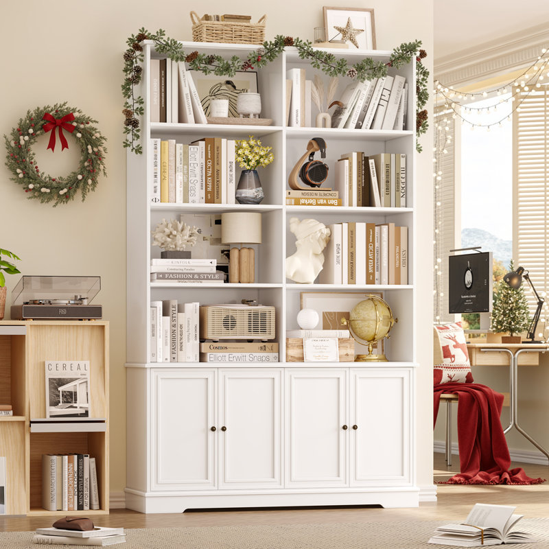 72.8" H x 47.2" W Mid-Century Modern Wood Bookcase with 4 Doors, Double Row Library Storage, White