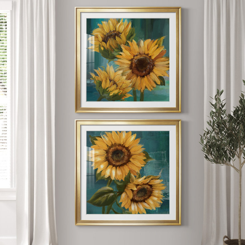Tournesol I - ensemble de 2 reproductions d'art encadrées, H 30,5 po x l 61 po x P 1,5 po, Papier encadré doré, Blanc