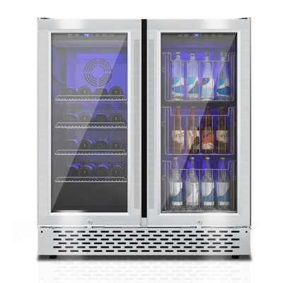 Dual Zone Beverage Refrigerator, 30'' Beverage Fridge With Detachable Basket, Intelligent Control Beverage Cooler With Glass Door Built-in Or Freestanding With Blue Led Light, Hold 130 Can 60 Bottle