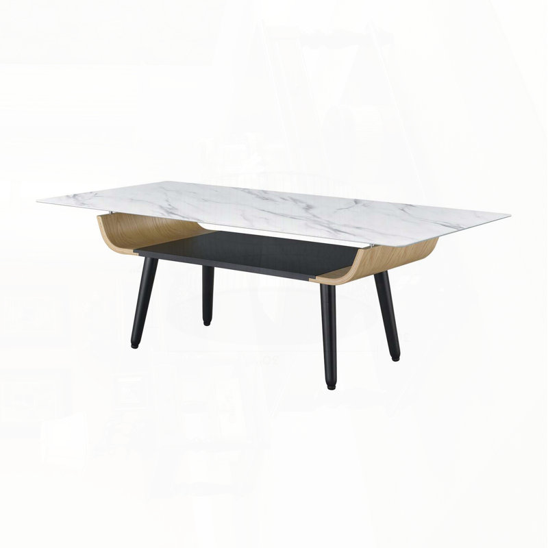 Table basse avec plateau en verre marbré et design en bois cintré