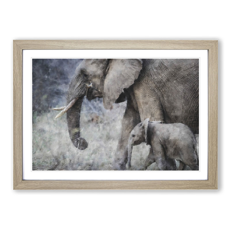 Mother and Baby Elephant Vol.1 - Picture Frame Painting, 27cm H x 36cm W x 2cm D, Oak Framed