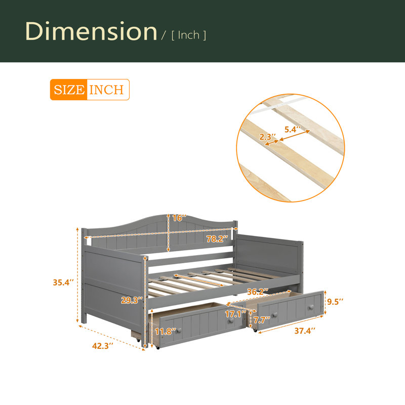 Twin Wooden Daybed With 2 Drawers, Sofa Bed For Bedroom Living Room,No Box Spring Needed, Gray