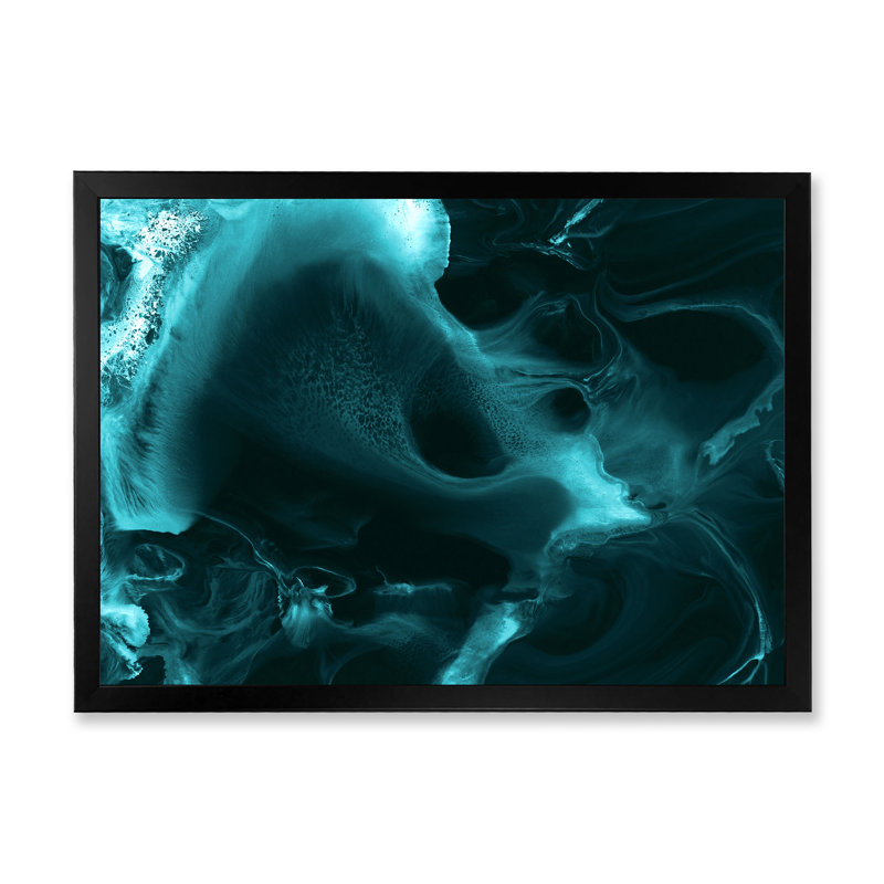 Turquoise nuage liquide I - peinture sur toile, H 16 po x l 32 po, Cadre noir